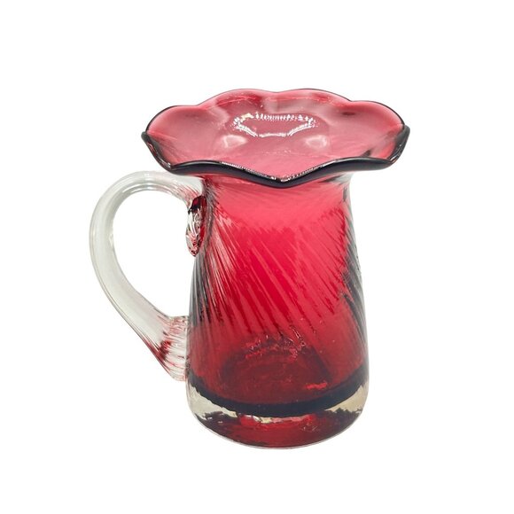 Midcentury Modern Hand Blown Cranberry Glass Miniature Flower Pitcher Vase - Picture 1 of 8